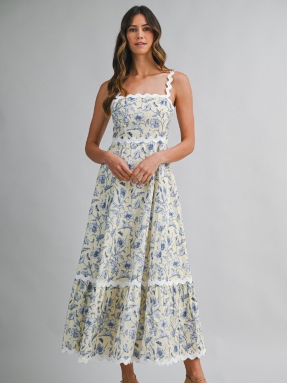 Floral Printed Ric-rac Trim Smocked Back Midi Dress